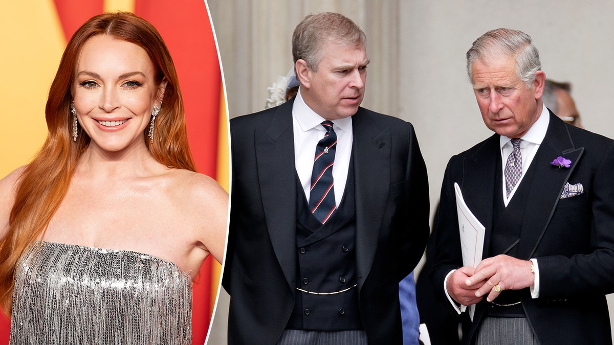 Lindsay Lohan in a silver stringy dress at the Vanity Fair Oscars party split Prince Andrew and King Charles both in black speaking to each other
