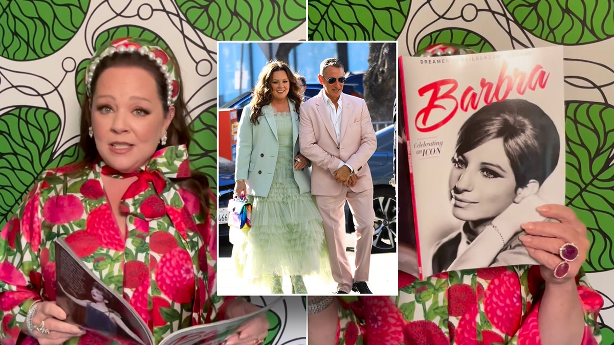 Melissa McCarthy in a pink and green floral jacket with a matching headband speaks to the camera split Melissa McCarthy holds a magazine with Barbras face on it, to conceal her face inset a photo of Melissa wearing a green Tulle dress walking with Adam Shankman in a pink suit