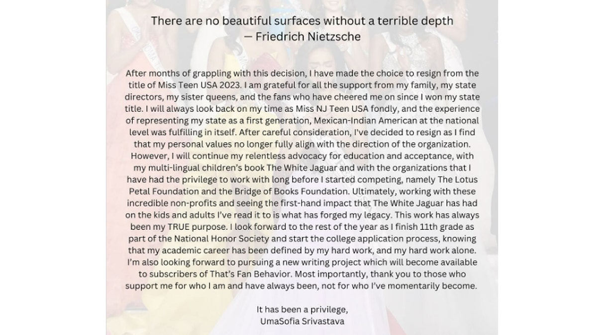 Miss Teen USA resignation letter from pageant organization.