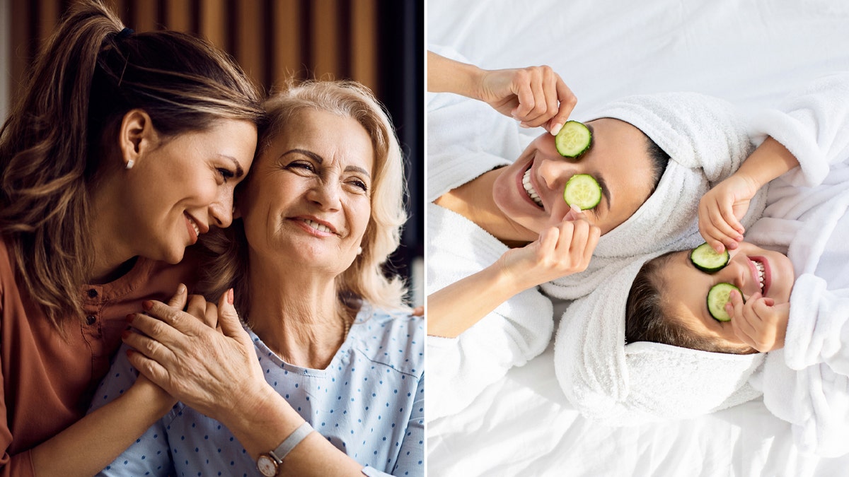 Split photo of mom and daughter embracing and a second photo of mother and daughter having a spa day