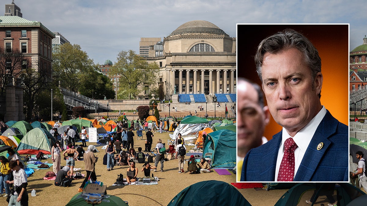 A picture of Rep. Andy Ogles set over an image of the Columbia protests