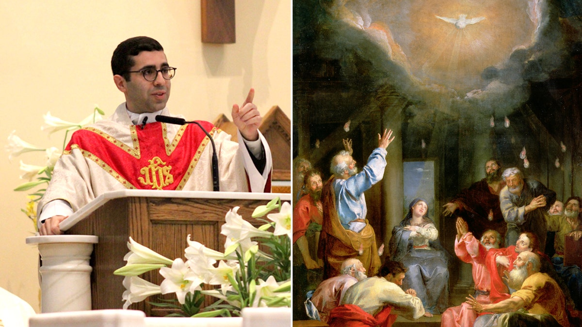 picture of priest preaching in red vestments split with a painting of Pentecost