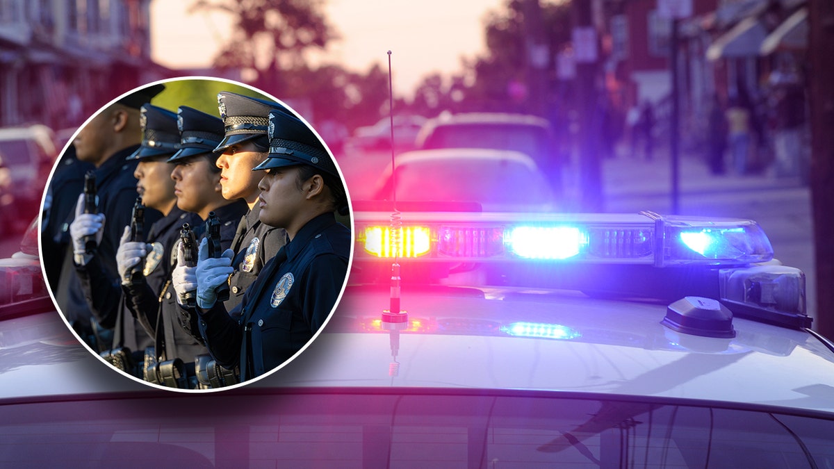 Photo of police officers at graduation ceremony on top of photo displaying lights on a police car