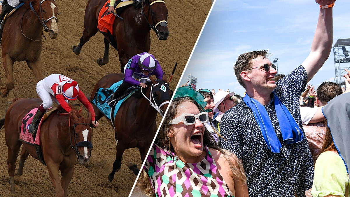 On the left, a photo of horses running in the Preakness Stakes. On the right, fans cheering 