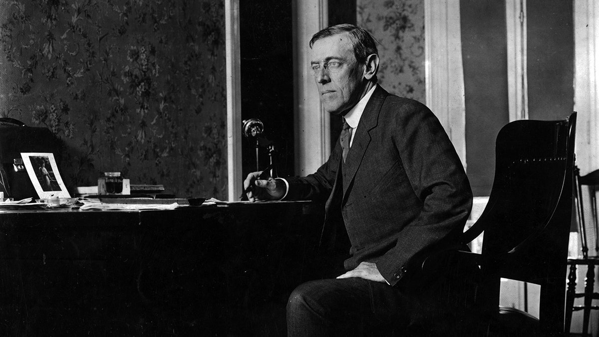 A black and white photo of President Woodrow Wilson