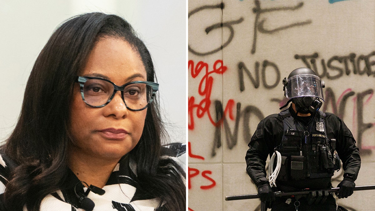 Oregon State Rep Janelle Bynum alongside photo from a riot in Portland