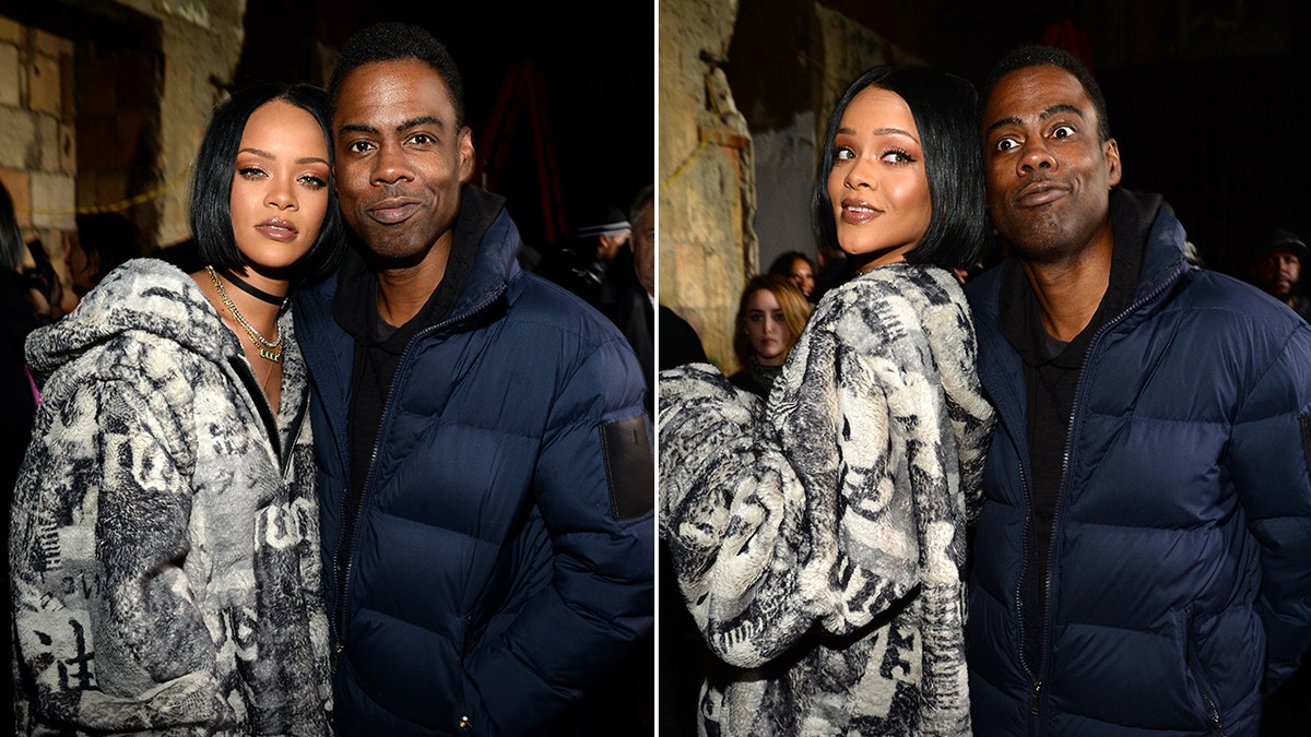Rihanna in a patterned jacket smiles next to Chris Rock in a blue puffer jacket split they both make funny faces