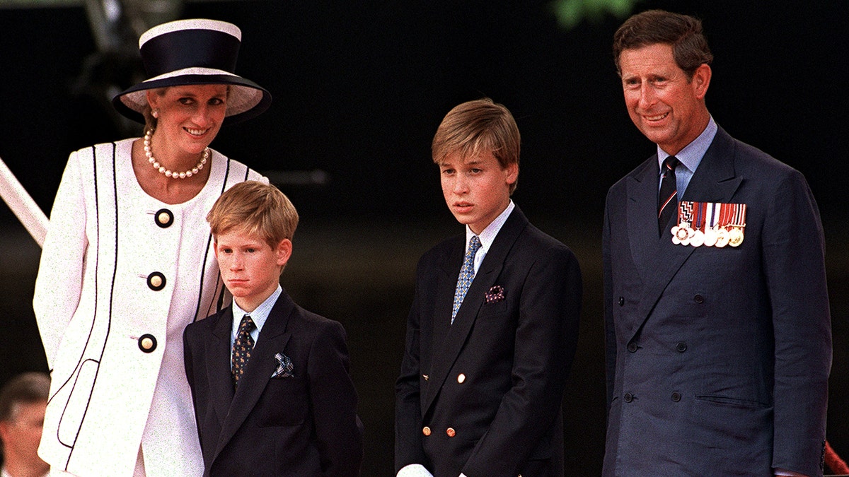 Princess Diana, Prince William, Prince Harry and King Charles standing next to each other