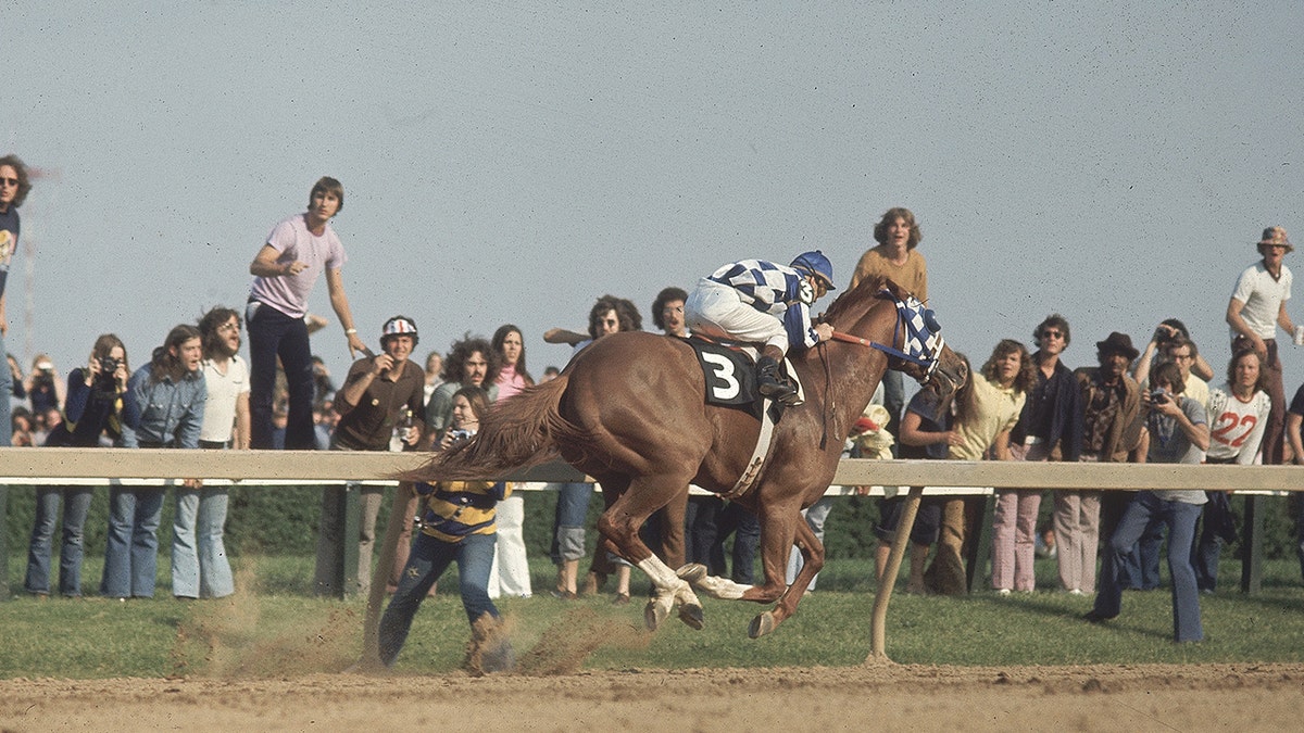 Secretariat crossing the crowd during the race