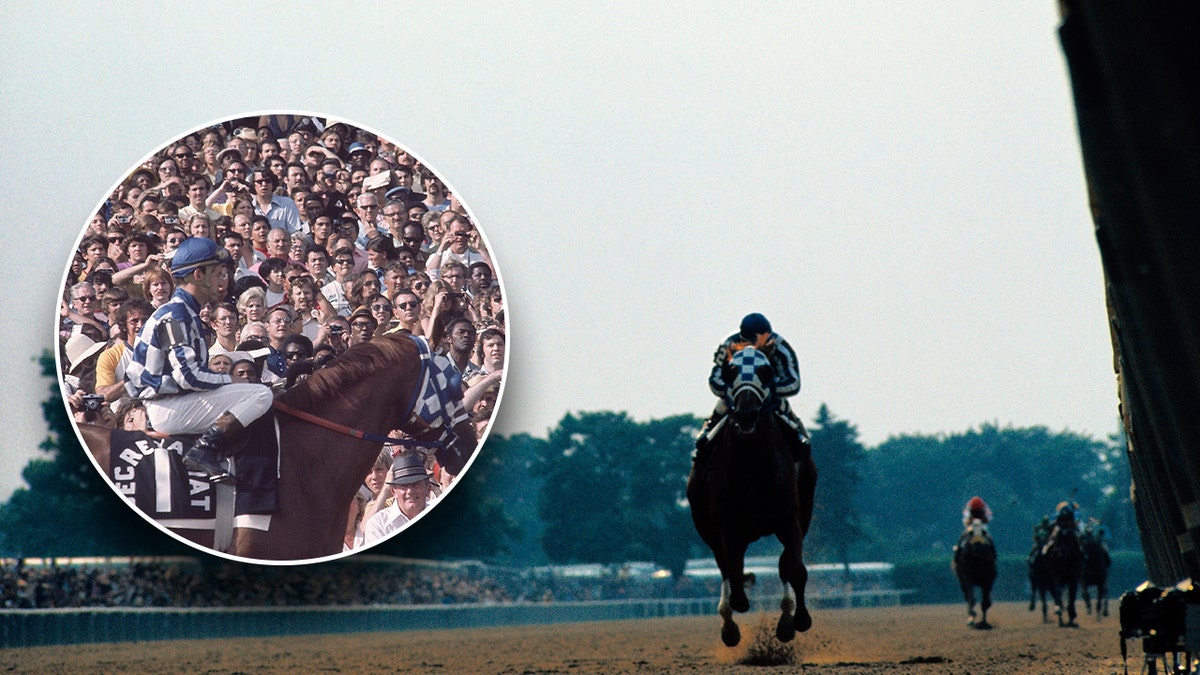 A zoomed in photo of Secretariat with a larger photo of him on the race track