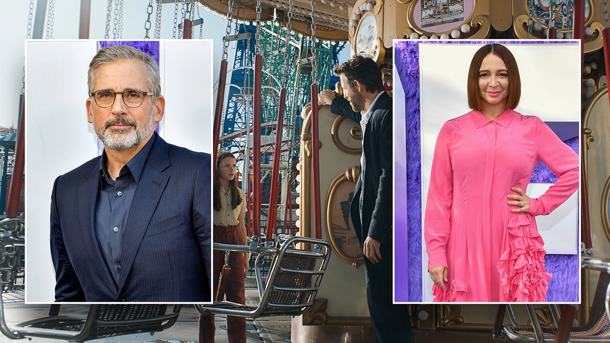Steve Carell and Maya Rudolph separate photos over a scene from "If"