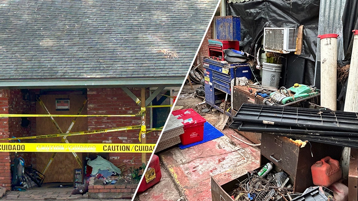 A split image of damage done to a home occupied by squatters in Texas