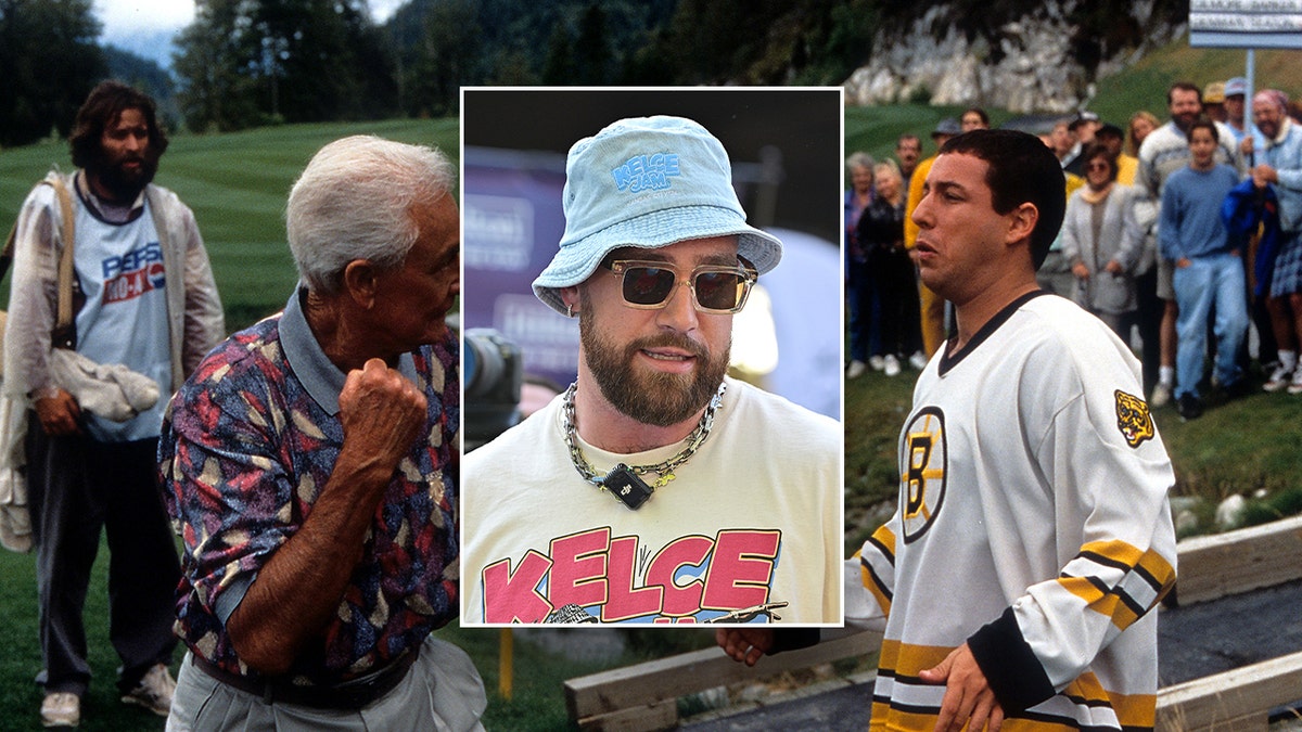 A photo of Travis Kelce on top of shot from "Happy Gilmore"