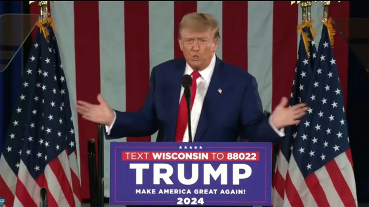 Former President Donald Trump speaks to crowds in Waukesha, Wisconsin. 