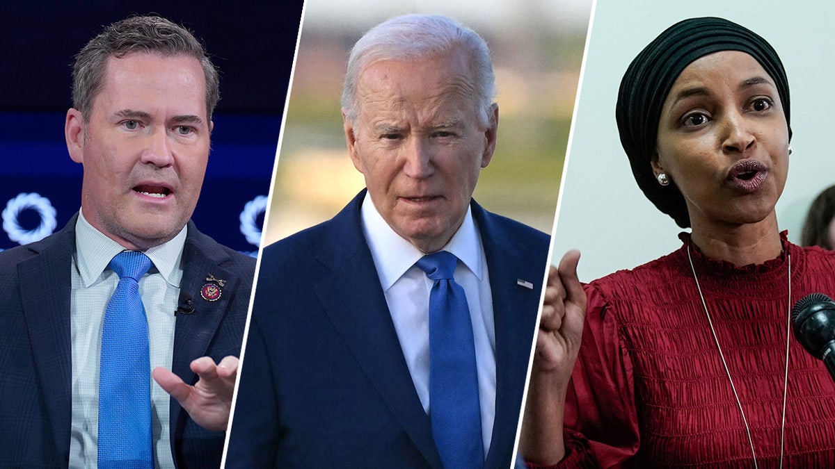 A three-way divided  representation  of Rep. Mike Waltz, President Biden, and Rep. Ilhan Omar