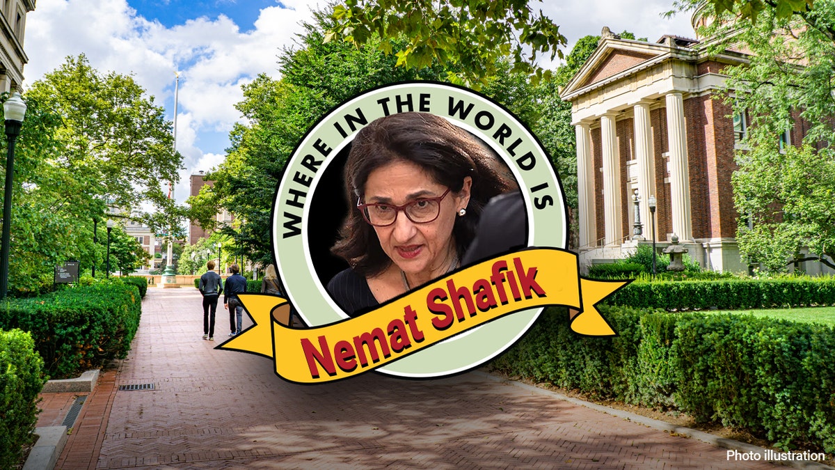 Columbia University president, Nemat Shafik inset over campus backdrop with text caption, Where in the world is Nemat Shafik