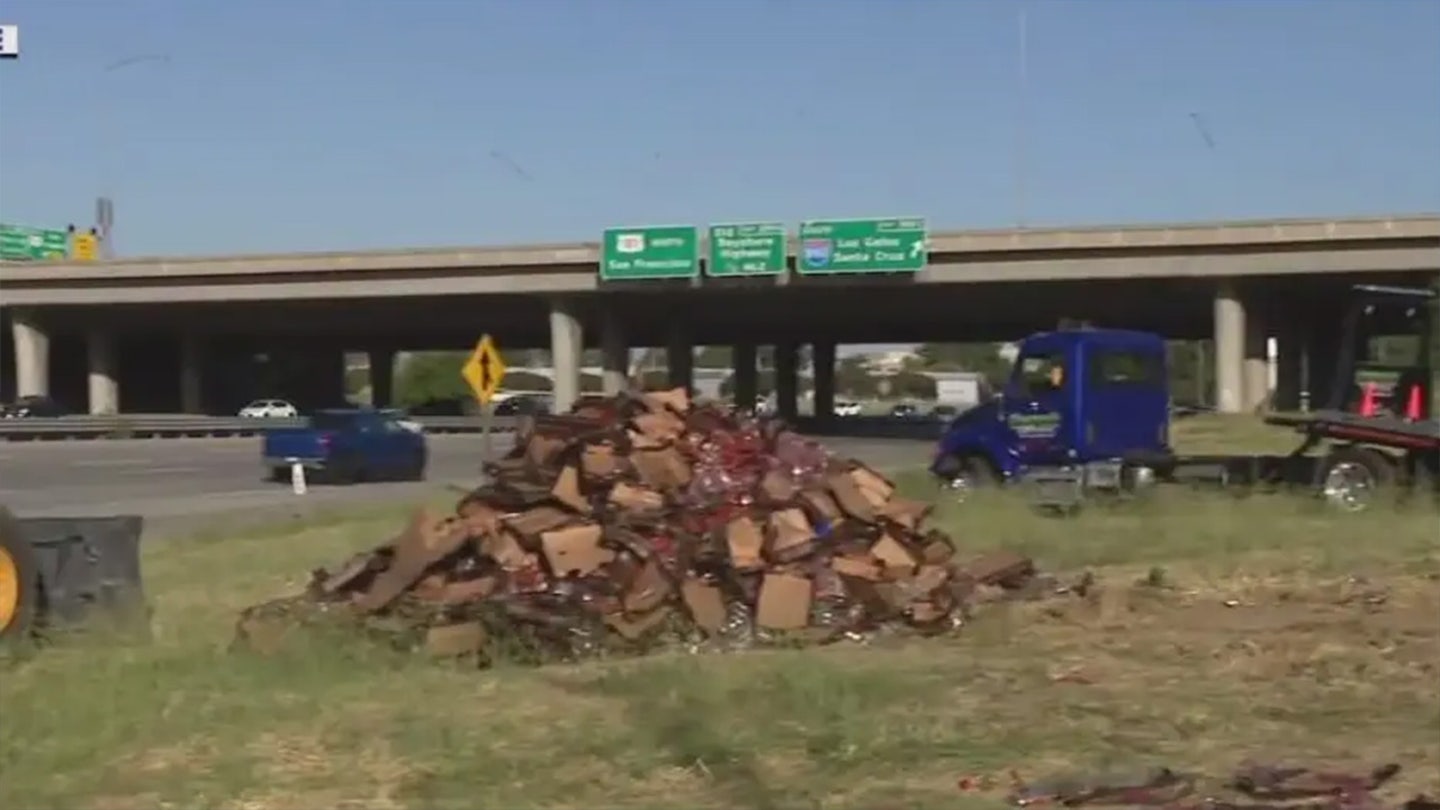 Strawberry-Slicked Highway Creates Traffic Jam After Truck Overturns