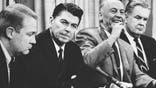 California Gov. Ronald Reagan, flanked by executive secretary Edwin Meese III, left; Alameda County Sheriff Frank I. Madigan, second from right, and California Highway Patrol Commissioner H.W. Sullivan, right, proclaims "a state of extreme emergency" exists at the University of California, Berkeley, on February 6, 1969. Reagan called on legislators to enact measures to deal with militant student and faculty members.  (Photo by Sacramento Bee/Sacramento Bee/Tribune News Service via Getty Images)