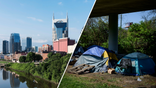 nashville skyline and homeless tents