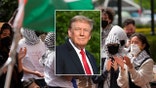 Trump smiling overlaid on image of anti-Israel protesters at Columbia University