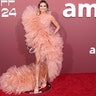 Heidi Klum attended the Cannes amfAR Gala red carpet in a pink Lever Couture gown with ruffles, a slit and a long train.