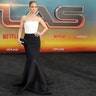 Jennifer Lopez at the premiere of "Atlas" in a white top and black skirt.