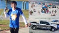 Sandy Schultz-Peters, left, who was fatally struck by a police truck in South Carolina. Beachgoers enjoying the sun on Memorial Weekend, top right, Horry County police trucks.