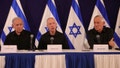 From left, Israeli Prime Minister Benjamin Netanyahu, Defense Minister Yoav Gallant and Cabinet Minister Benny Gantz speak during a news conference in the Kirya military base in Tel Aviv, Israel on Oct. 28, 2023. Israeli officials said Monday, June 17, that Netanyahu has dissolved the influential War Cabinet that was tasked with steering the war in Gaza.
