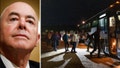 This split shows DHS Secretary Alejandro Mayorkas and migrants at the southern border. - Fox News