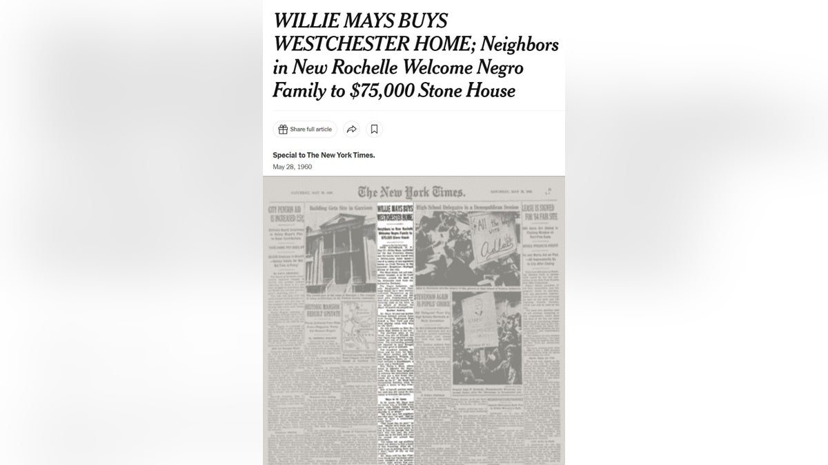The headline in The New York Times published a story in May 1960 about Willie Mays buying a home in a New York City suburb. The headline read, 
