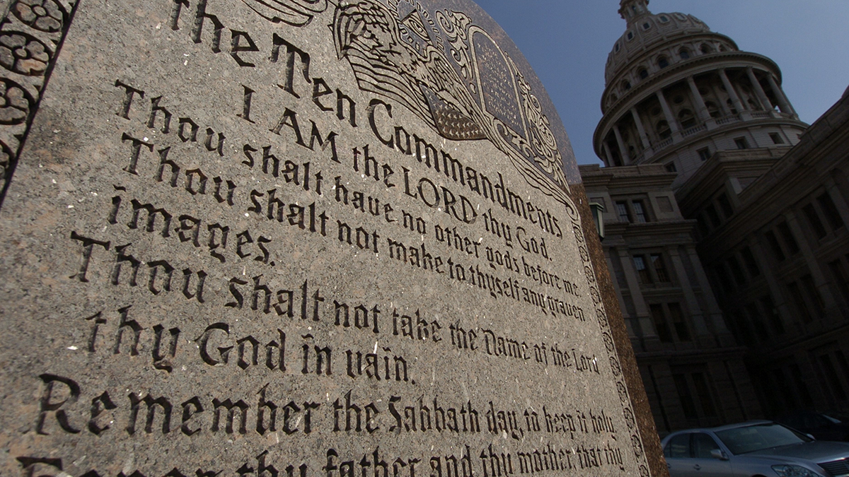 A six-foot high tablet of the Ten Commandments, which is located on the grounds of the Texas Capitol Building in Austin, Texas, is seen on February 28, 2005. On March 2, 2005, the U.S. Supreme Court will consider whether the granite monument and two similar displays at a Kentucky courthouses constitute unconstitutional government establishment of religion. (Photo by Robert Daemmrich Photography Inc/Corbis via Getty Images)
