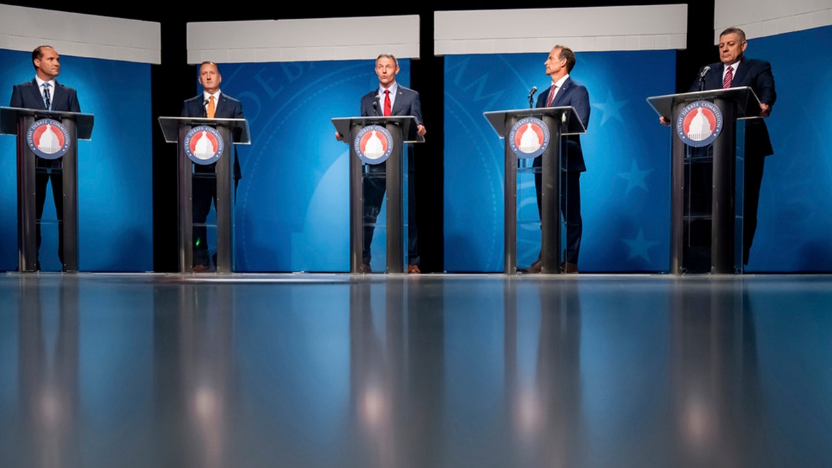 From left, JR Bird, John Dougall, Mike Kennedy, Case Lawrence and Stewart Peay, candidates in the Republican primary for Utah's 3rd Congressional District, take part in a debate at the Eccles Broadcast Center in Salt Lake City on June 12, 2024.
