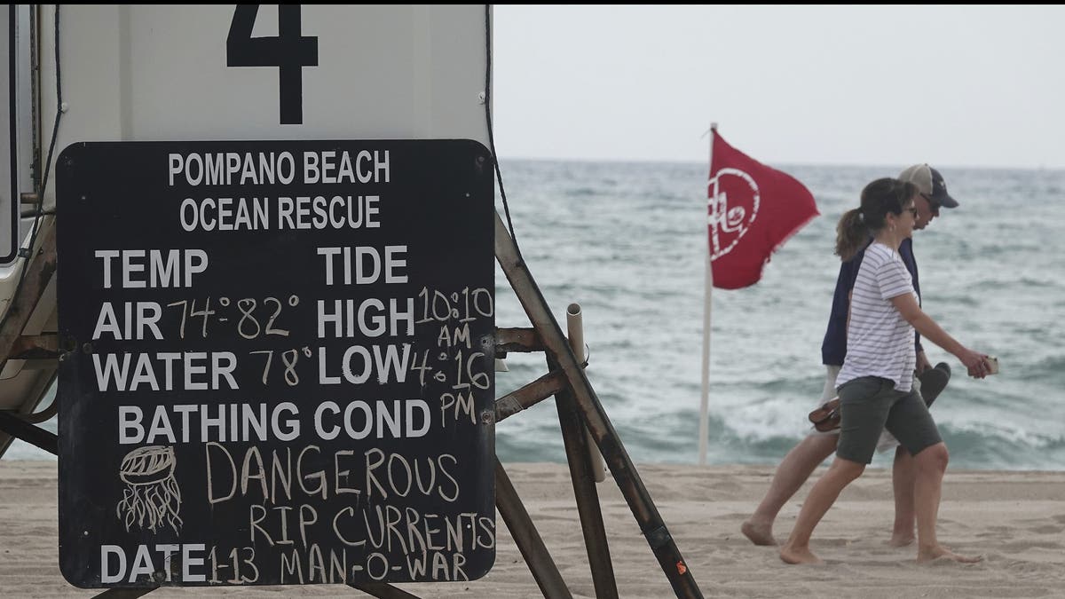A sign warns of dangerous rip currents in Pompano Beach, Florida, in 2020.