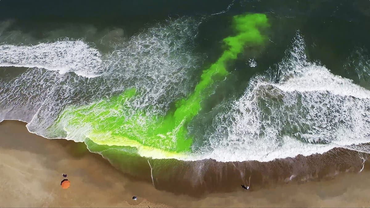 Green dye is used to show a rip current.
