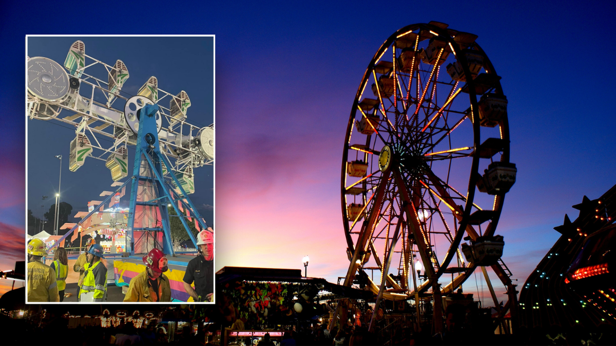 Split image of frozen ride and generic carnival