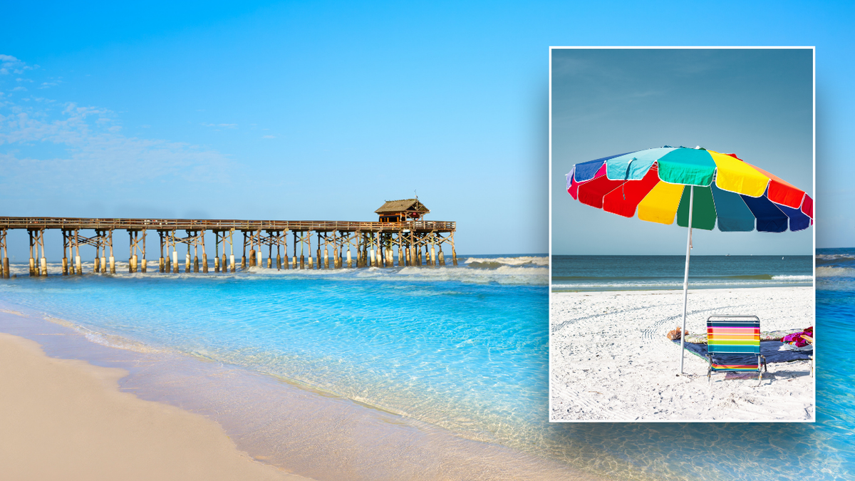 Split image of stock beach umbrella and Cocoa Beach pier