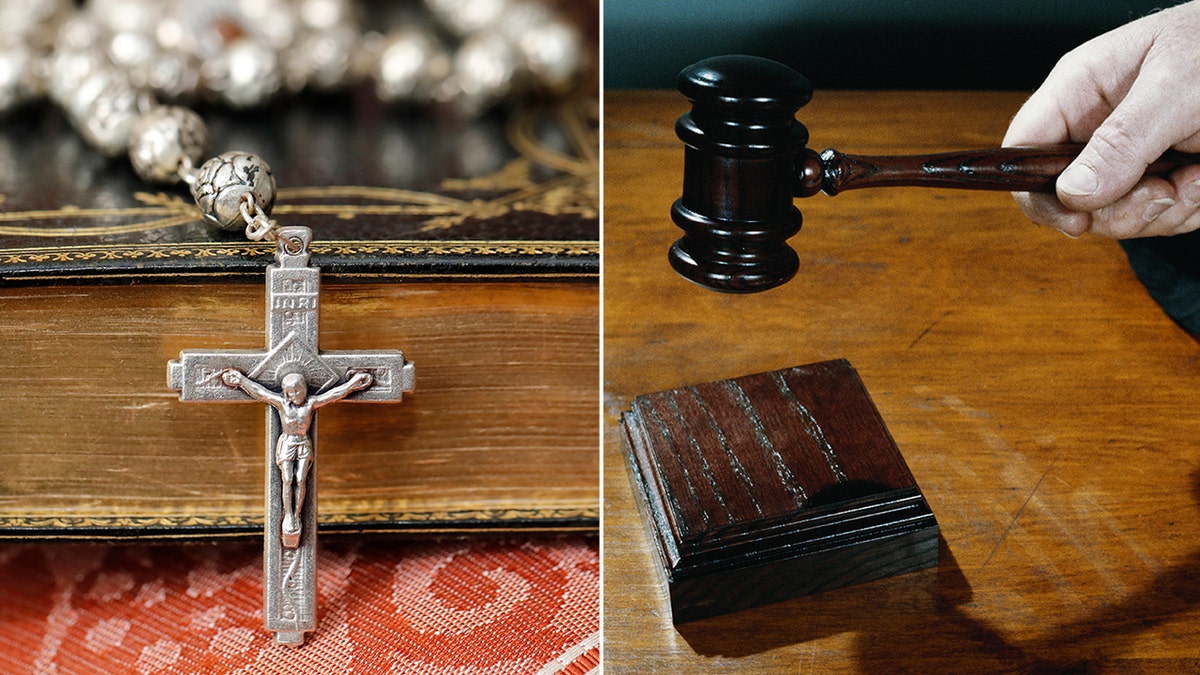 Cross on a Bible next to a judge banging a gavel
