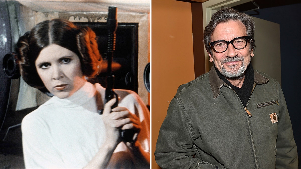 Carrie Fisher as princess Leia in "Star Wars" split Griffin Dunne in a grey jacket soft smiling