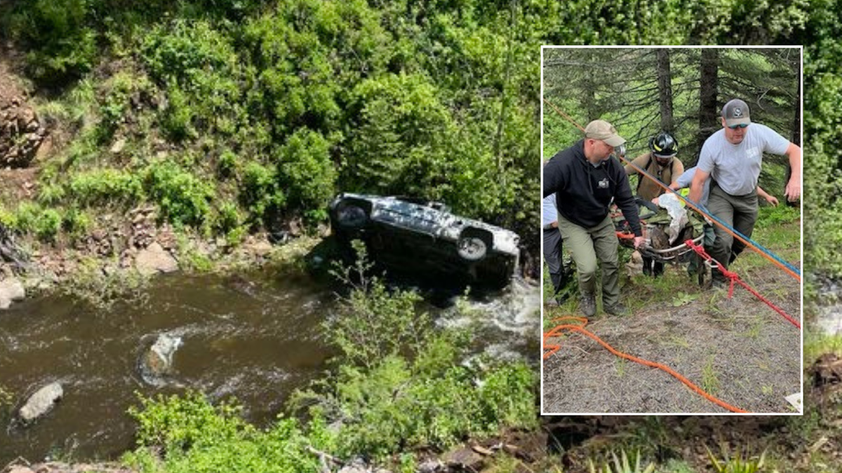 Split image of turned-over car and zipline