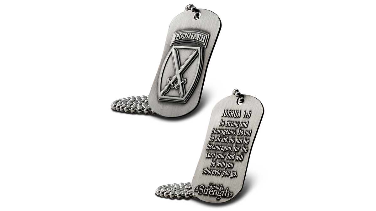 A Shields for Strength religious-themed dog tag.