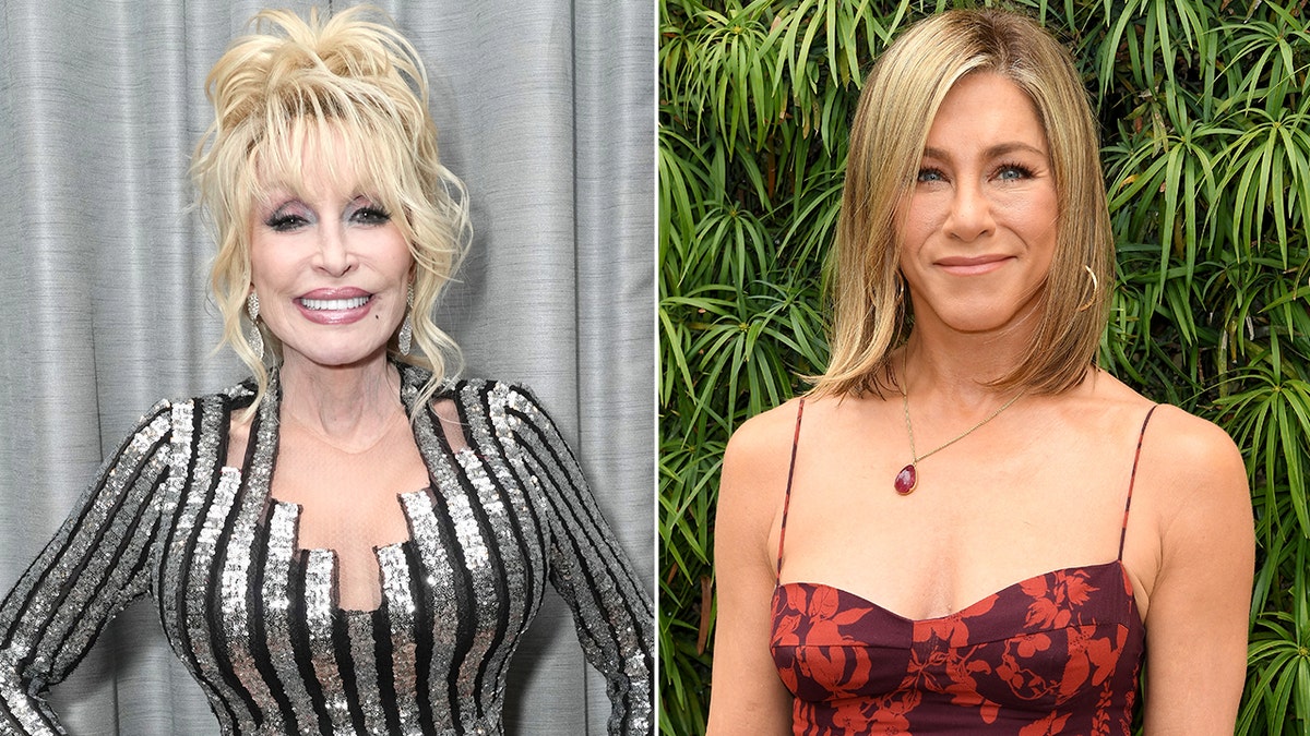 Side by side photos of Dolly Parton and Jennifer Aniston
