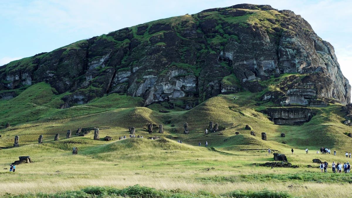 Wide shot of Easter Island hill
