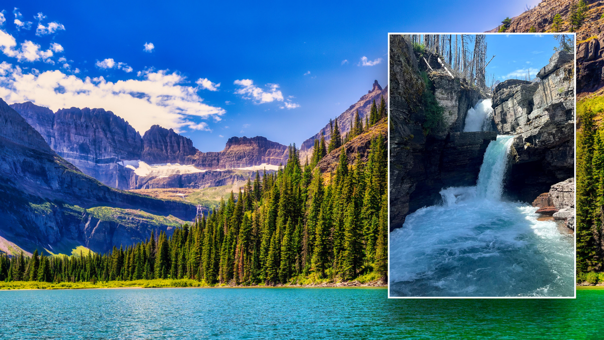 Split image of Glacier National Park and St Mary Falls