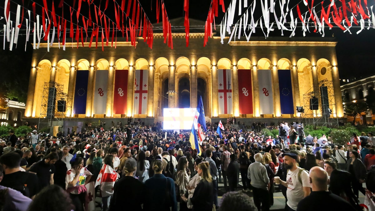Demonstrators gather at the Parliament building during an opposition protest against the foreign influence bill in Tbilisi, Georgia