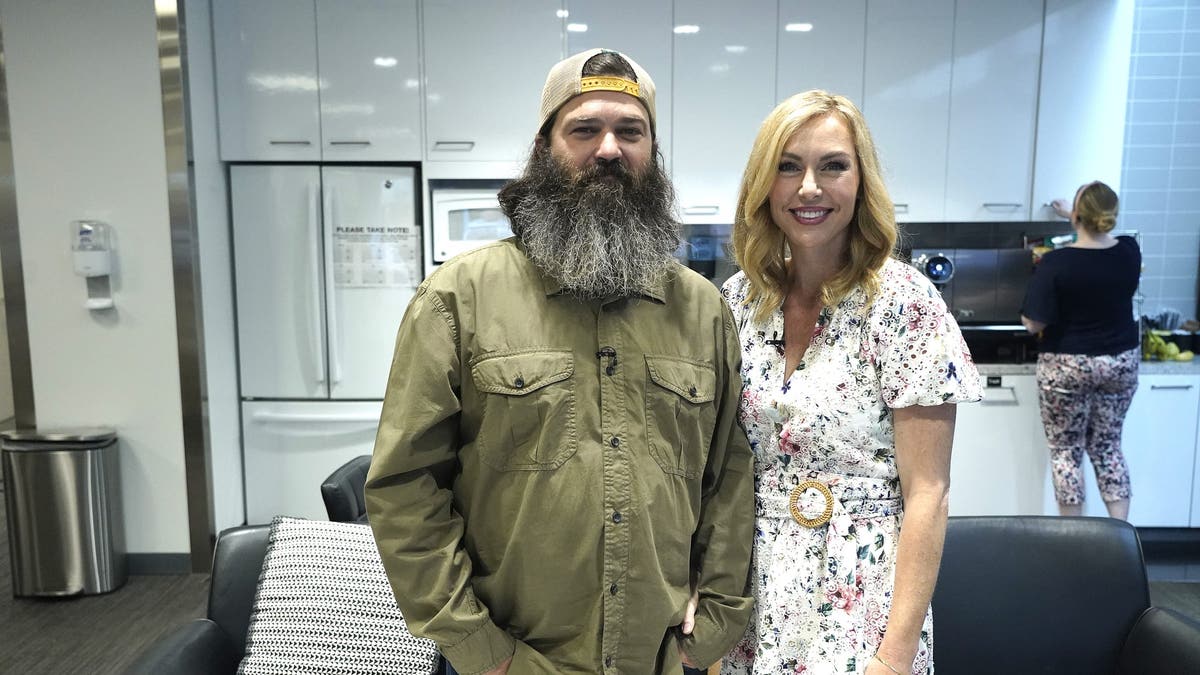 NEW YORK, NEW YORK - JUNE 22: (L-R) Jep Robertson and Jessica Robertson of FOX Nation's "Duck Family Treasure" visit "Fox &amp; Friends" at FOX Studios on June 22, 2022 in New York City. (Photo by John Lamparski/Getty Images)