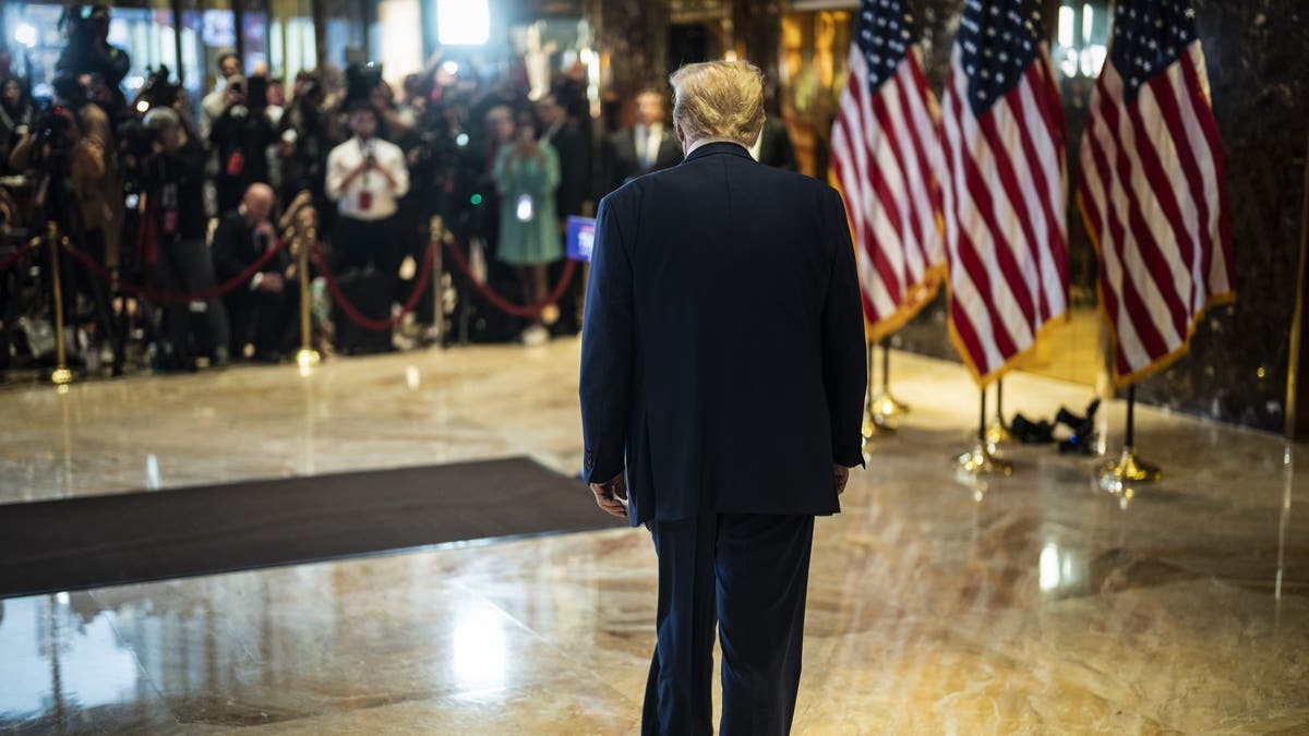 Former President Trump walks out to speak at a news conference from the lobby of Trump Tower the day after being found guilty on 34 felony counts at Manhattan Criminal Court, in New York, on Friday, May 31, 2024. (Jabin Botsford/The Washington Post via Getty Images)
