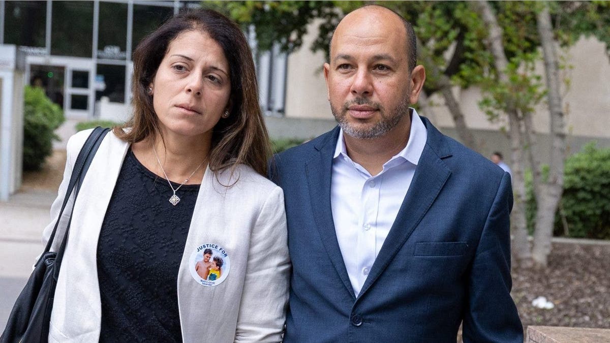 Nancy Iskander, center, arrivers with her husband and another person for Rebecca Grossman's sentencing hearing
