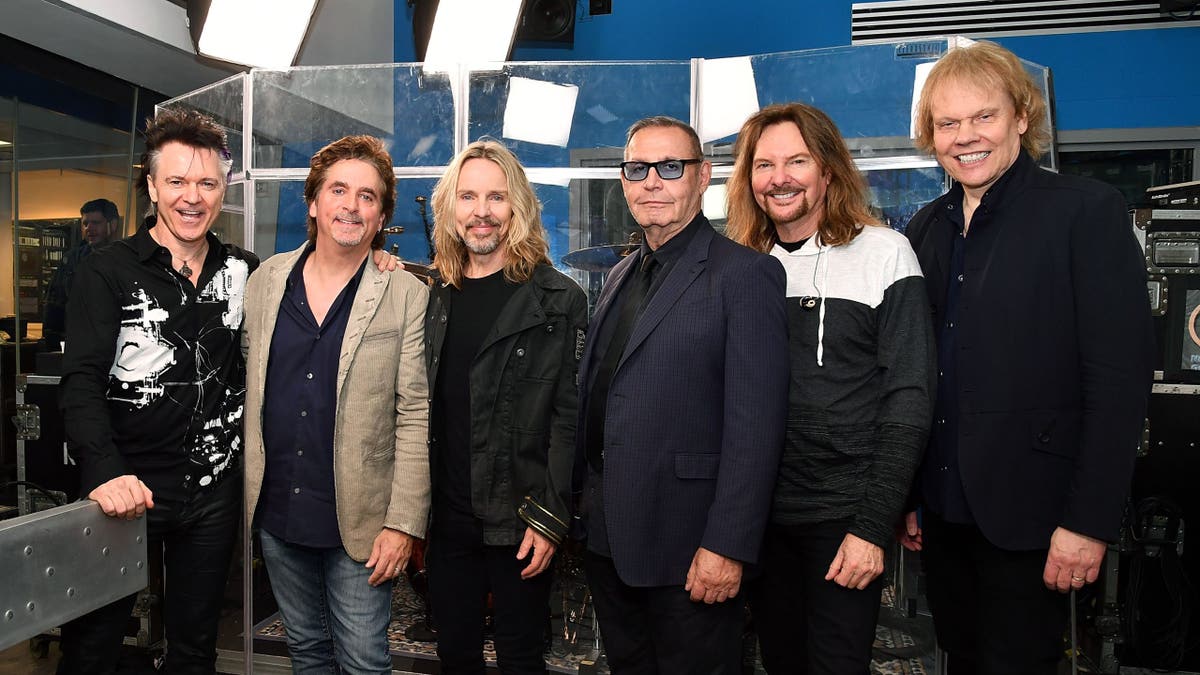 Todd Sucherman, Lawrence Gowan, Tommy Shaw, Chuck Panozzo, James "J.Y." Young and Ricky Phillips of rock band styx