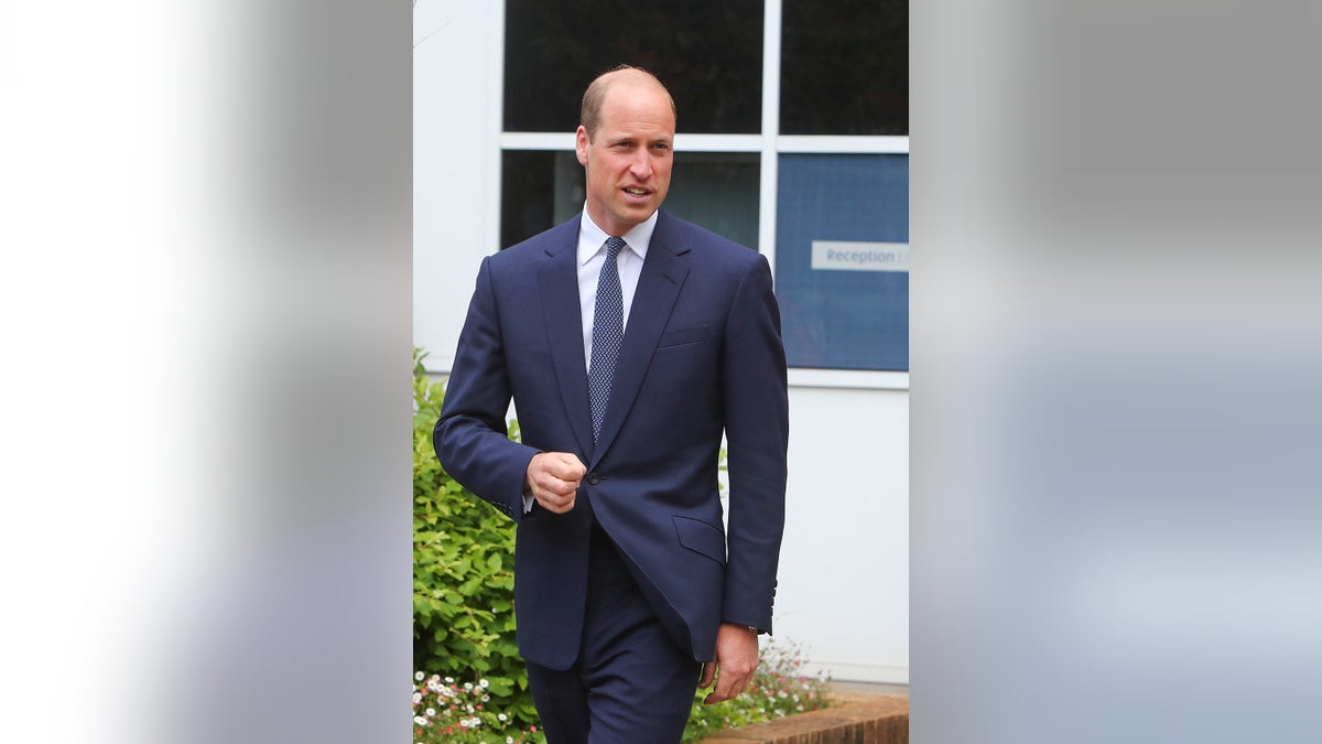 Prince William wearing a blue suit and a matching tie.