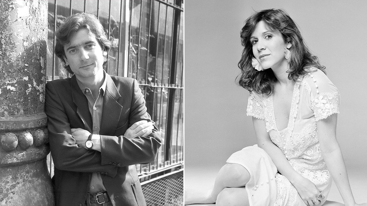 Side by side black and white photos of Griffin Dunne and Carrie Fisher